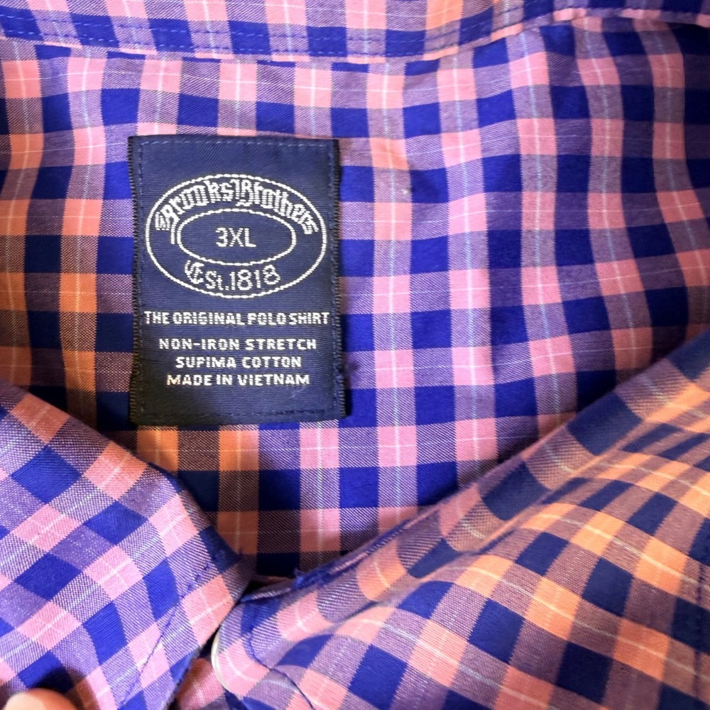 Brooks Brothers Button Down Shirt 3XL Purple Pink Gingham No-Iron Stretch Cotton - Picture 3 of 8